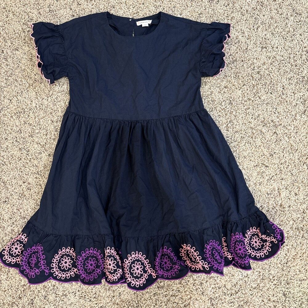 Girls Size 8 Cotton Navy Dress Flutter Sleeve & Embroidery by J Crew EUC